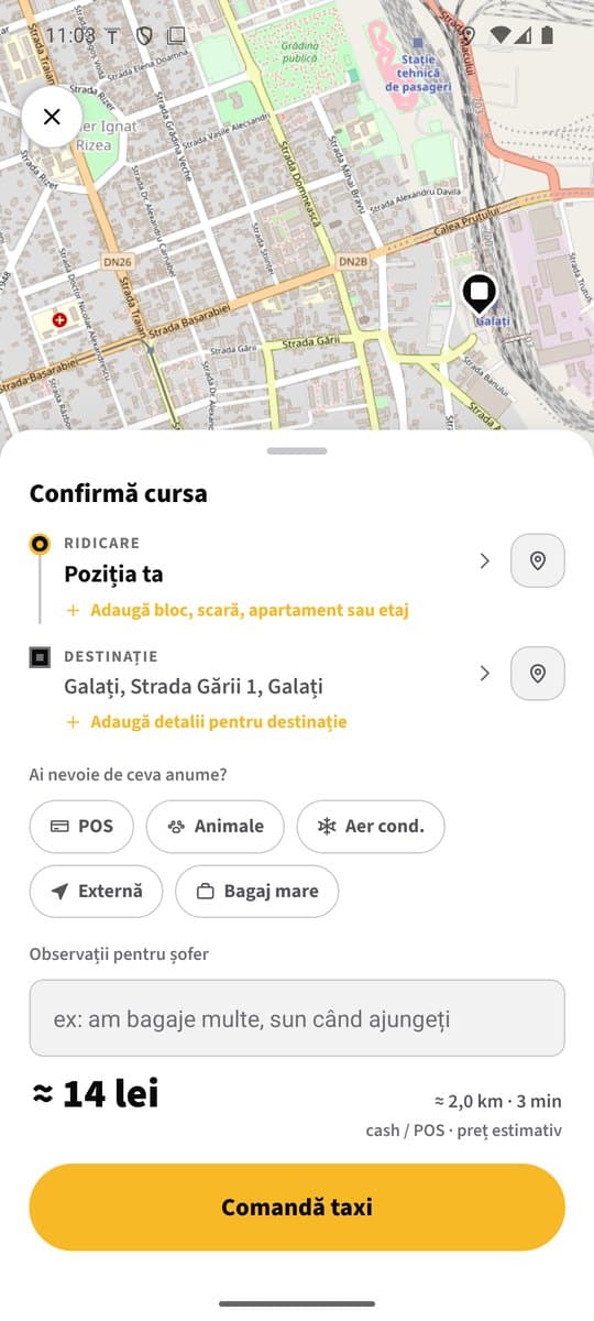 Aplicația clientului: prețul estimat înainte de comandă