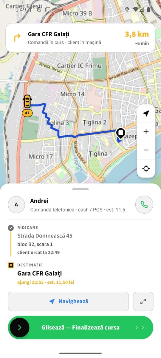 Aplicația șoferului: cursa în curs, cu traseul pe hartă